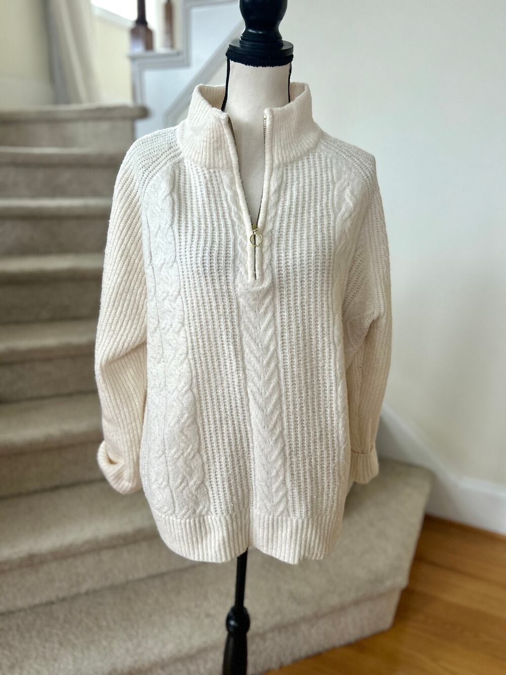 Loft Cream White Ribbed Cable Knit Quarter Zip Long Sleeve Sweater